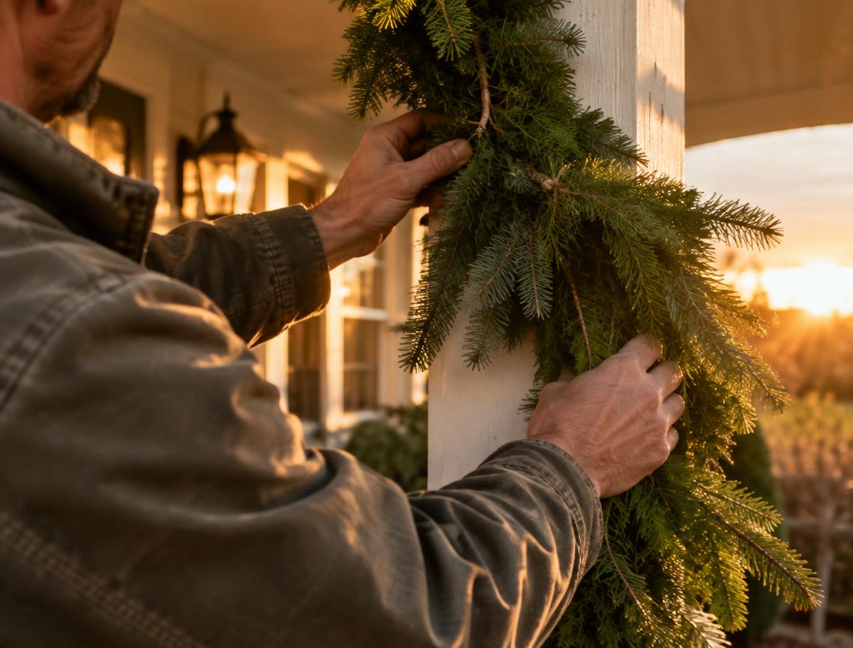 Installer hanging fresh evergreen garland on a porch column
