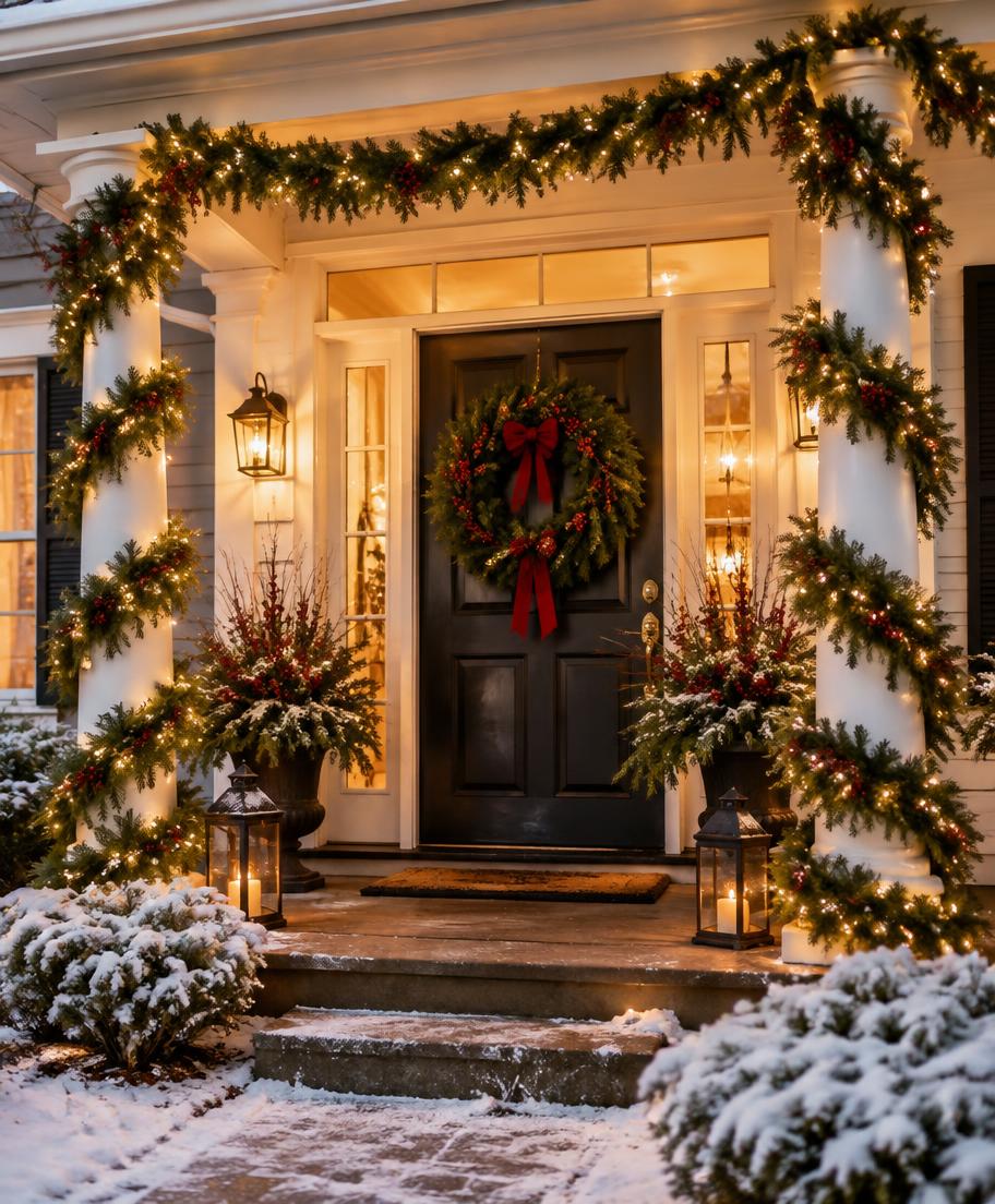 Christmas porch with lit garland and an oversized wreath
