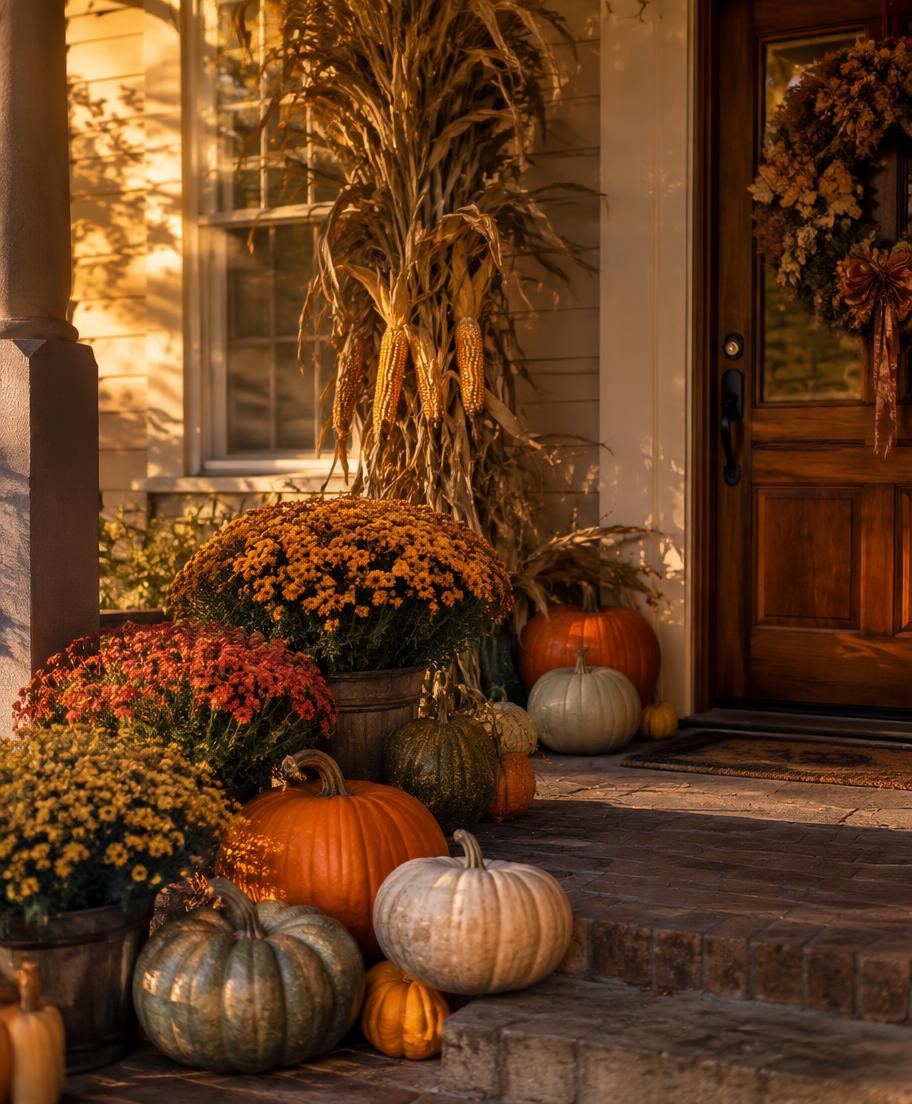 Autumn porch with heirloom pumpkins and mums