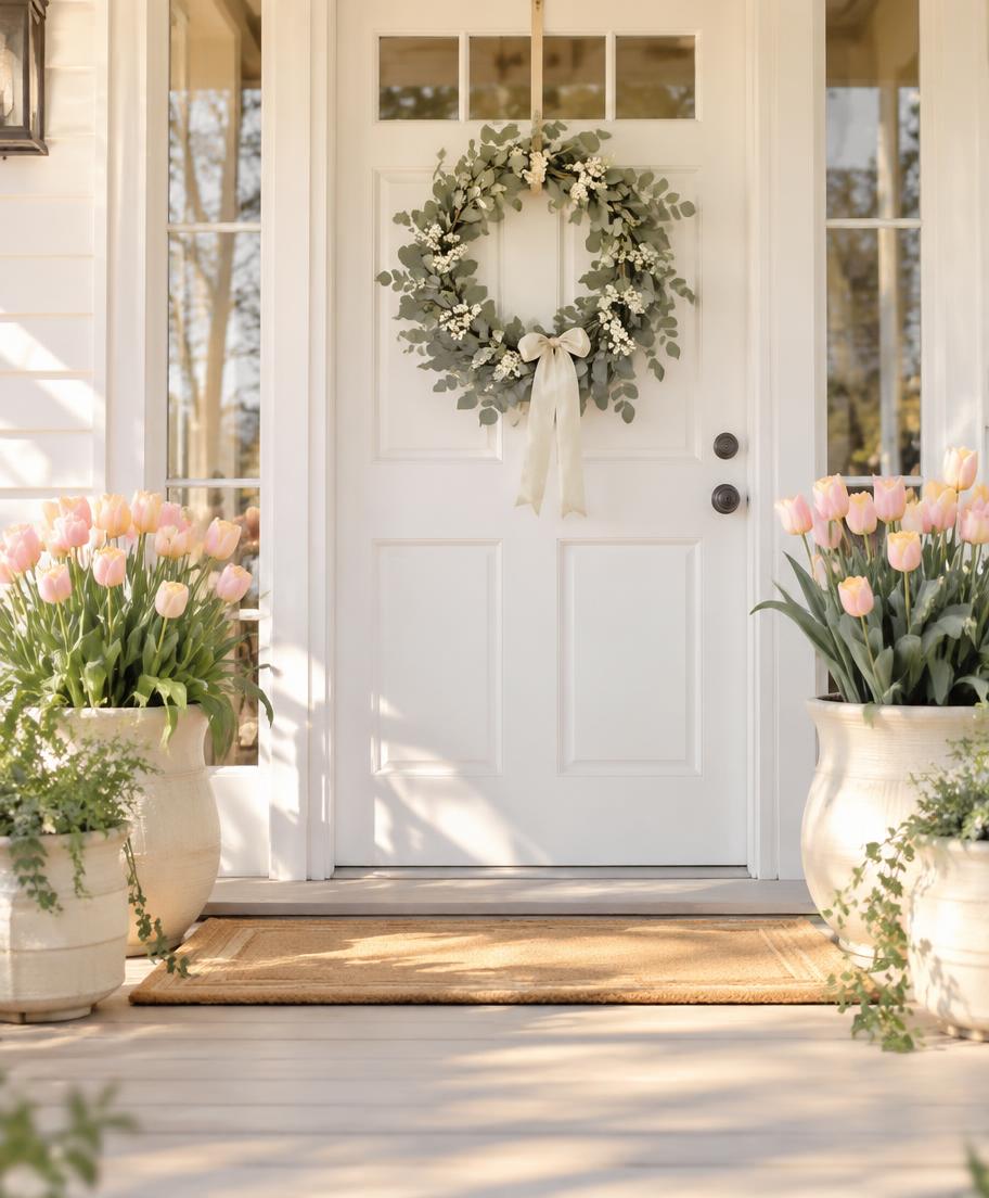 Spring porch with tulips and a eucalyptus wreath